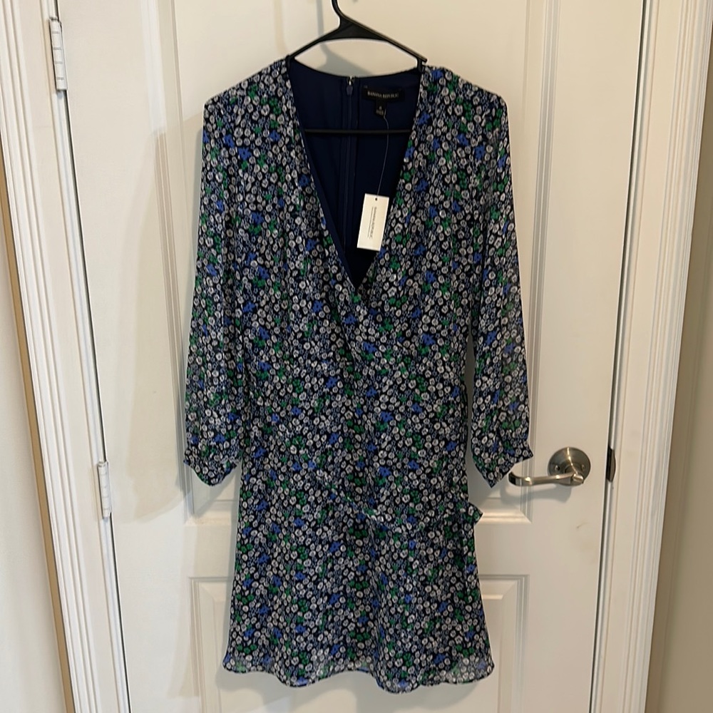 Banana Republic faux wrap dress with blue, white, and green flowers